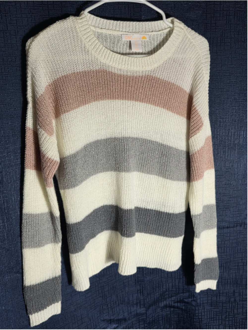 Women's C&C California Striped Crew Neck Sweater, Size S, White/Grey/Pink cozy